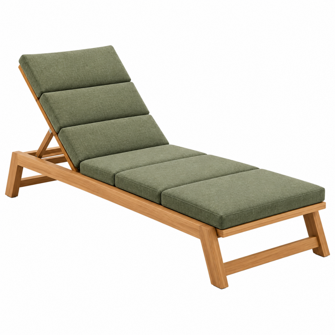 Gartenliege 200 x 70 cm aus Holz mit olivgrüner Polsterung und verstellbarer Rückenlehne