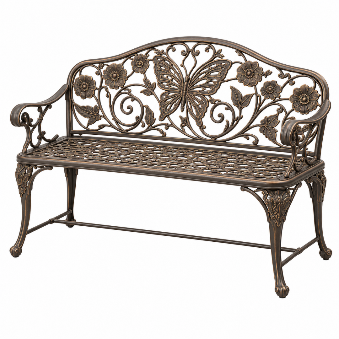 Gartenbank 128 x 55 x 95 cm aus Metall Bronze mit Schmetterling Blumenmotiv im klassischen Stil