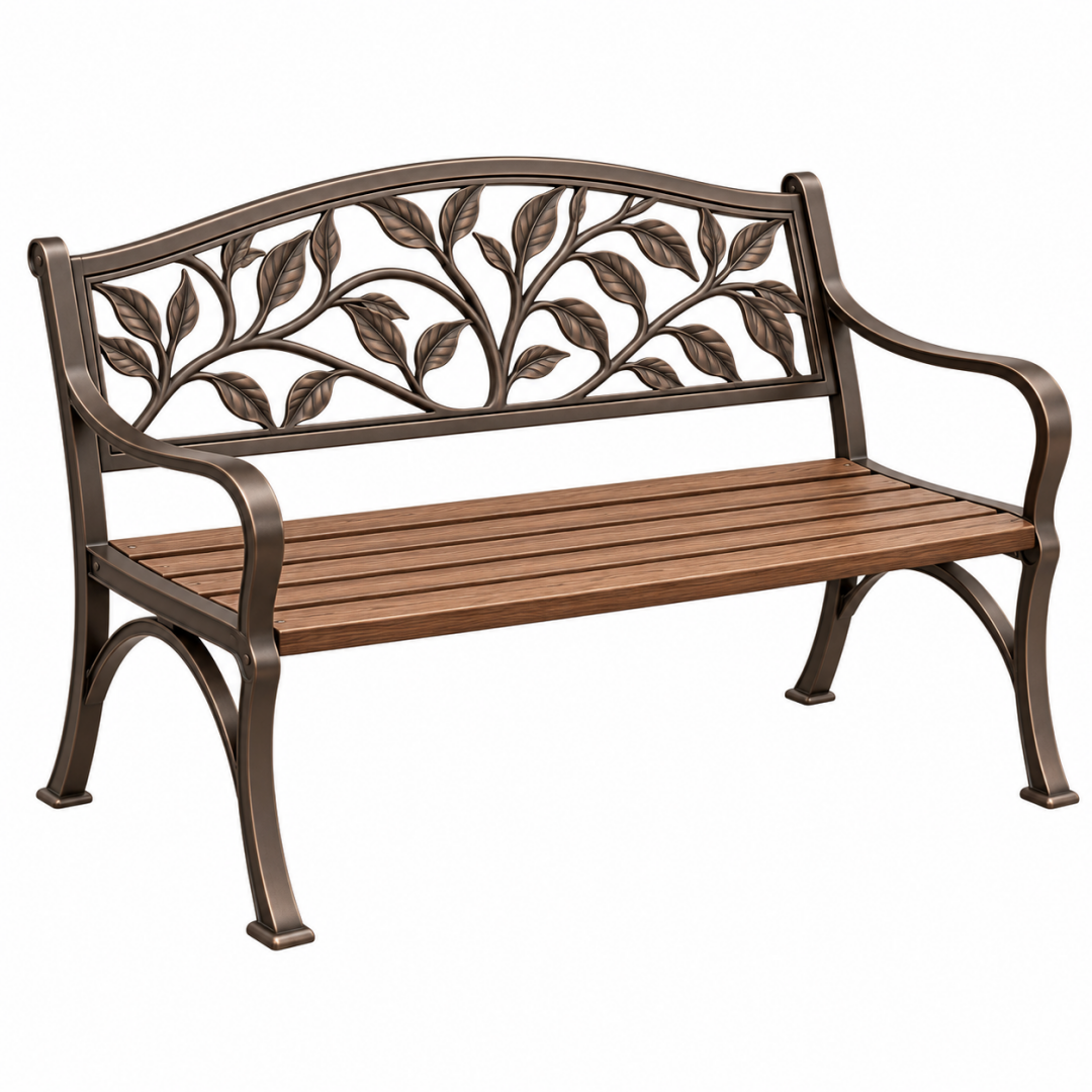 Gartenbank 125 x 60 x 90 cm aus Metall und Holz in Braun mit Blattdekor