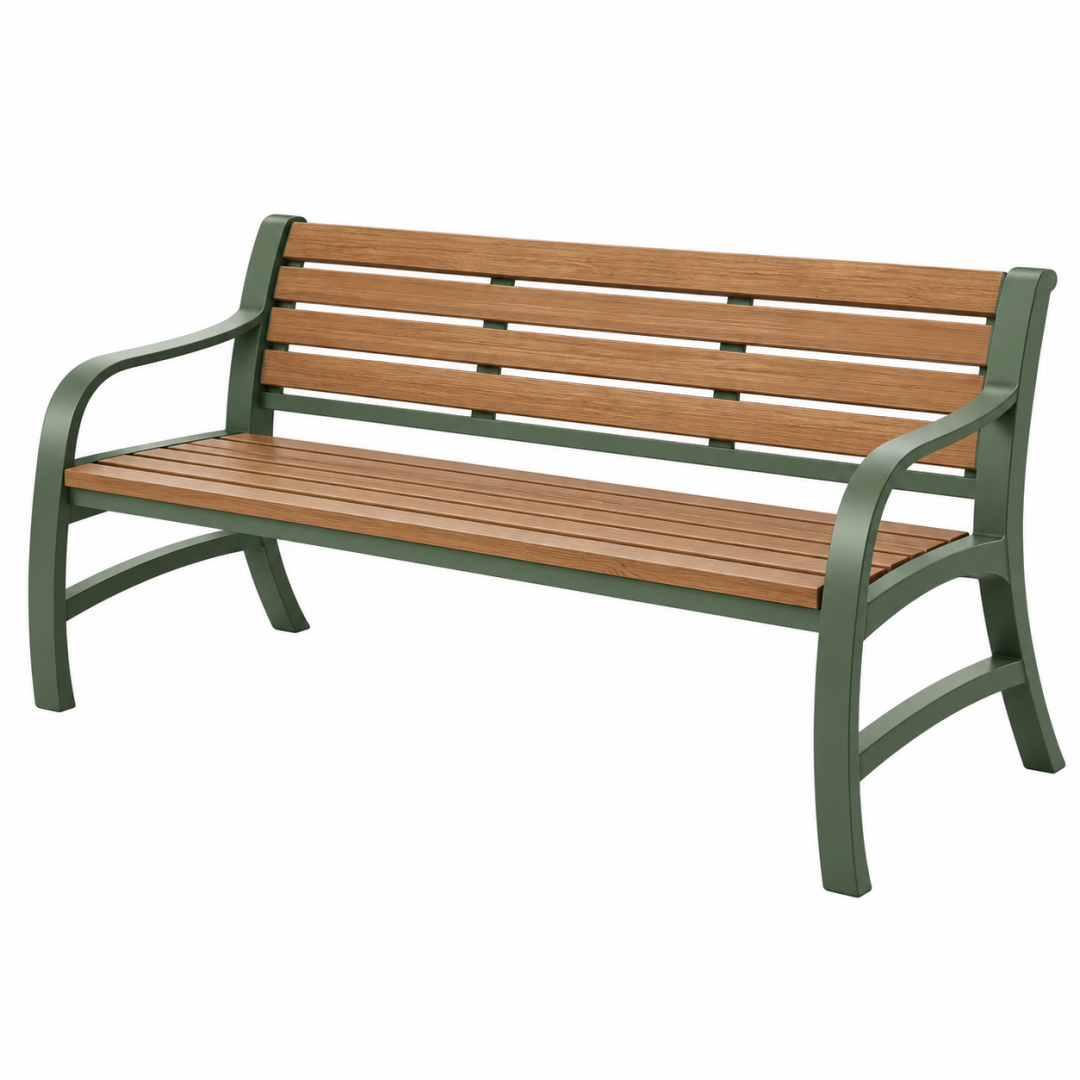 Gartenbank 150 cm Holz und Metall Grün Braun mit Armlehnen