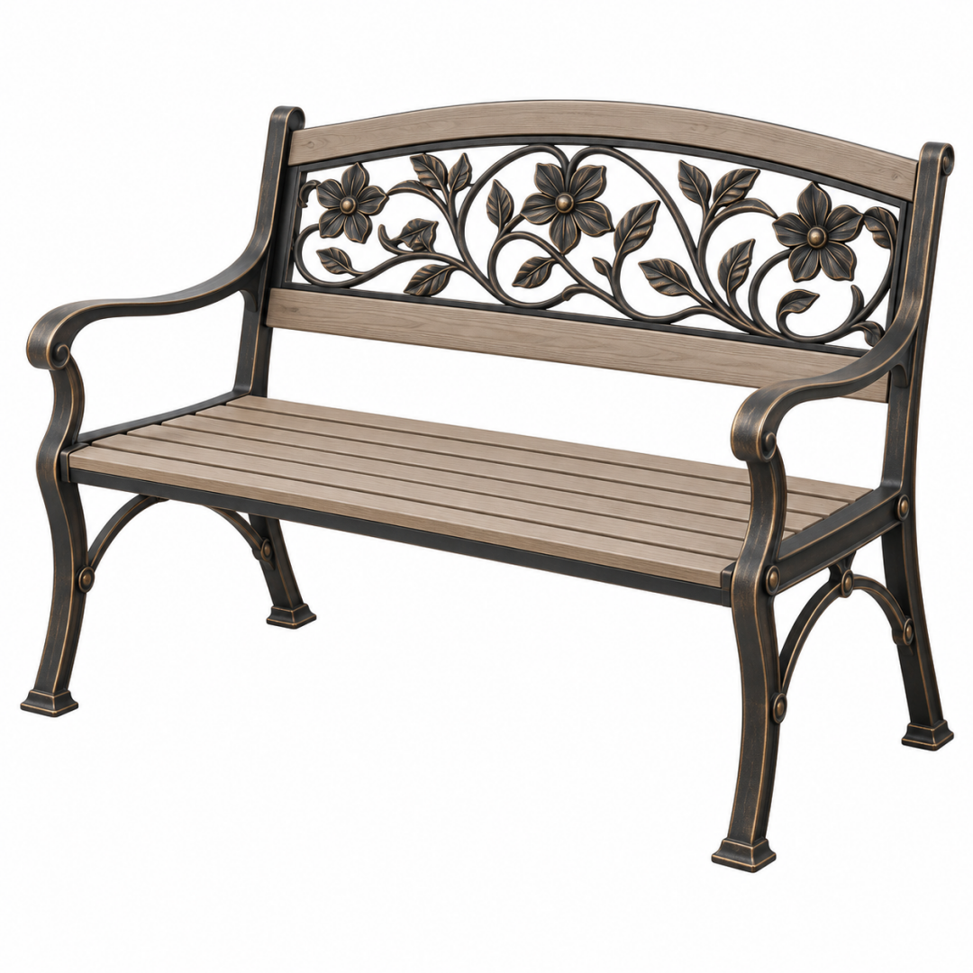 Gartenbank 122 x 62 x 92 cm aus Metall und Holz in Schwarz Braun - Zweisitzer mit Blumenornamenten