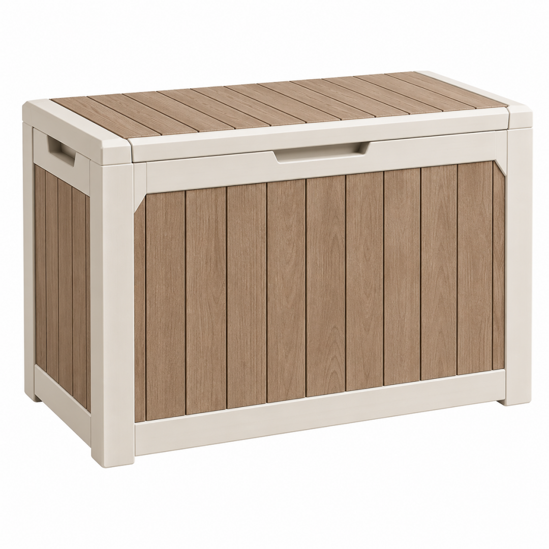 Aufbewahrungsbox 120 x 60 x 65 cm Kunststoff in Beige und Holzoptik - Gartenbox mit Deckel