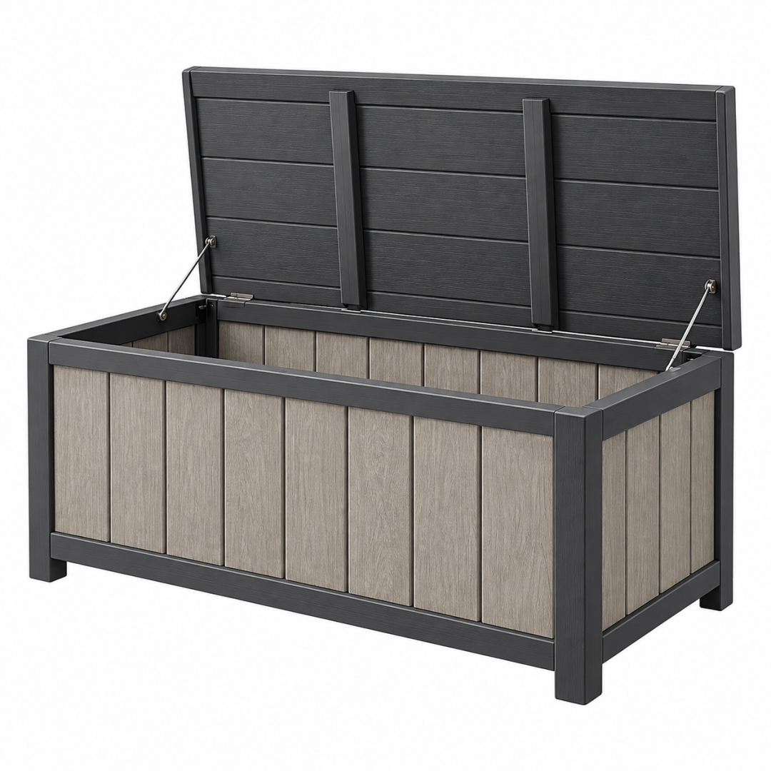 Aufbewahrungsbox 120 x 60 x 65 cm WPC Stahl Grau Schwarz mit Klappdeckel für Garten