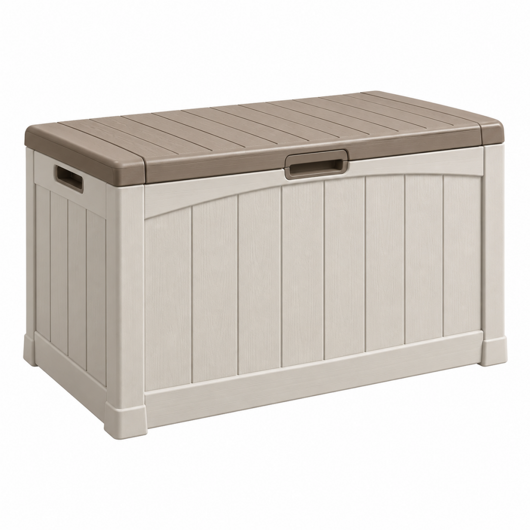 Garten-Aufbewahrungsbox 117 x 45 x 57 cm Kunststoff Beige/Braun mit Klappdeckel