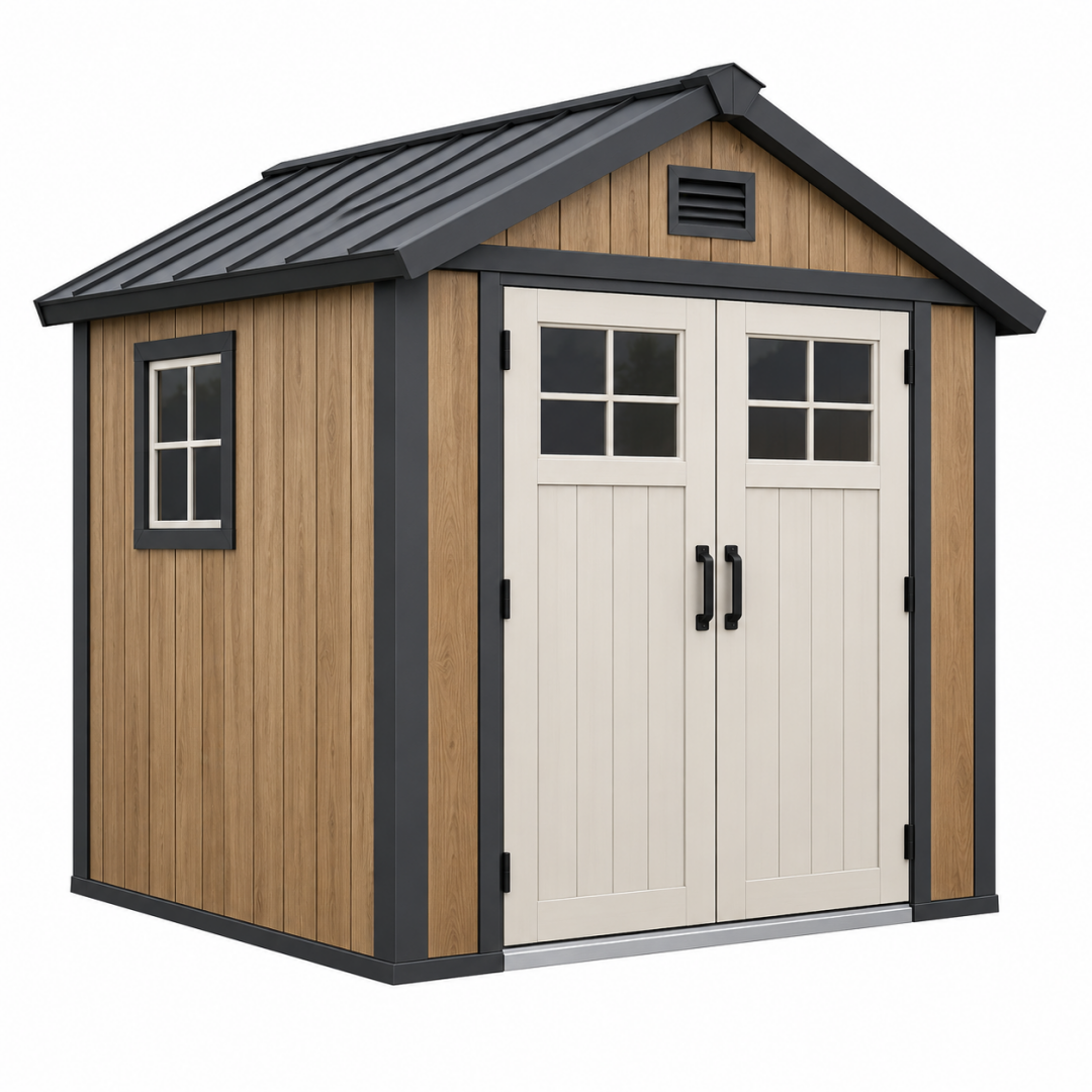 Geräteschuppen 190 x 120 x 200 cm Kunststoff Holzoptik Braun Creme mit Doppeltür für Garten Modern